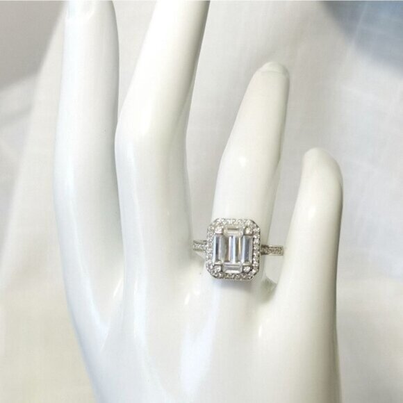 Sterling Silver Baguette cut CZ Ring with Halo size 6.75 - Picture 7 of 9